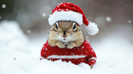 Cute squirrel wearing red sweater and Santa hat in winter setting