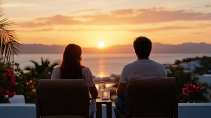 A romantic couple watching the sunset from a rooftop terrace overlooking the ocean 