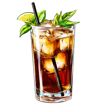 cocktail drink with ice, lime, basil clip art preview