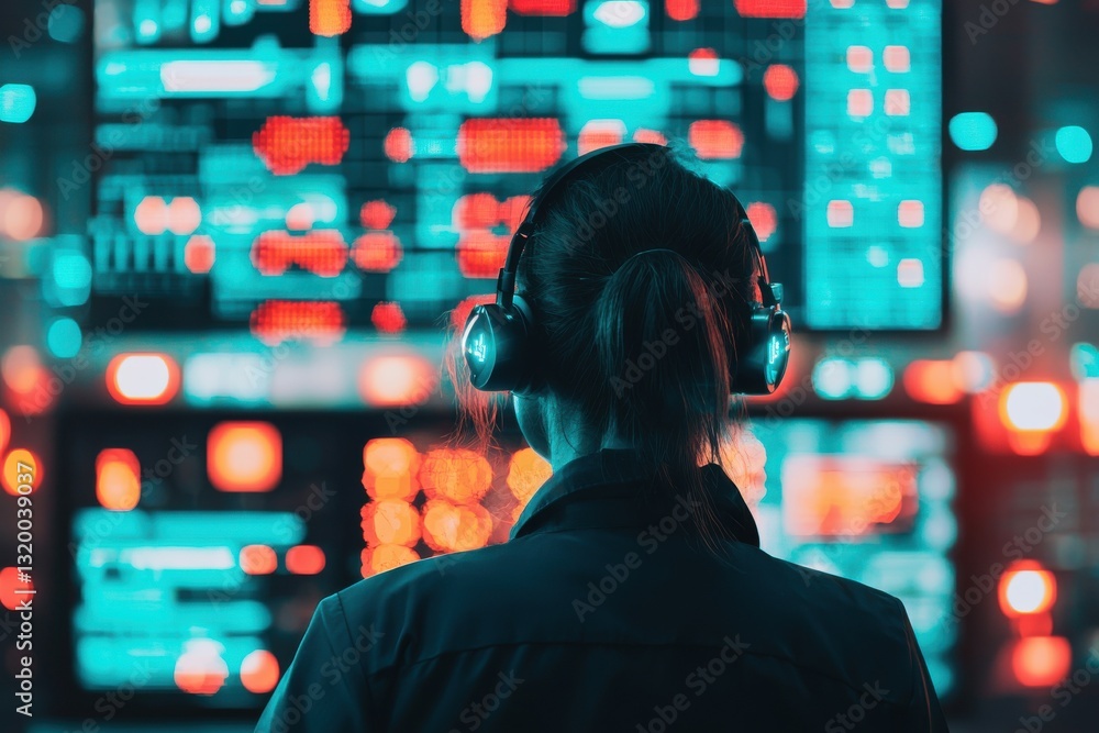 Poster data analysis action high-tech control room digital display urban environment rear view technology i