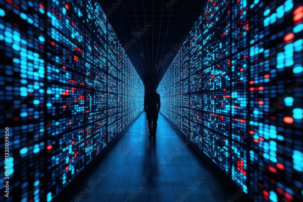 Poster exploring data-driven innovation digital corridor visual art futuristic environment perspective view