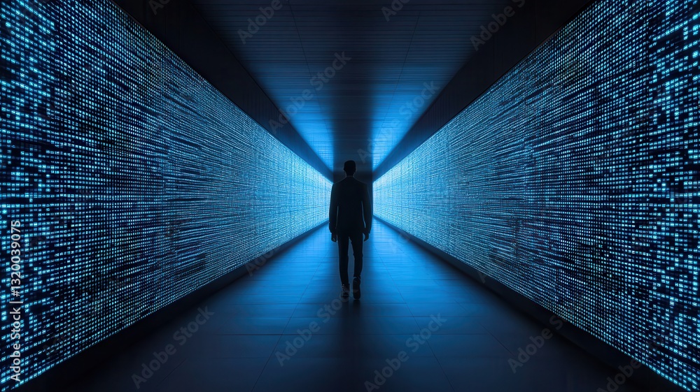Poster exploring the digital frontier futuristic data tunnel urban setting visual art cyber environment per
