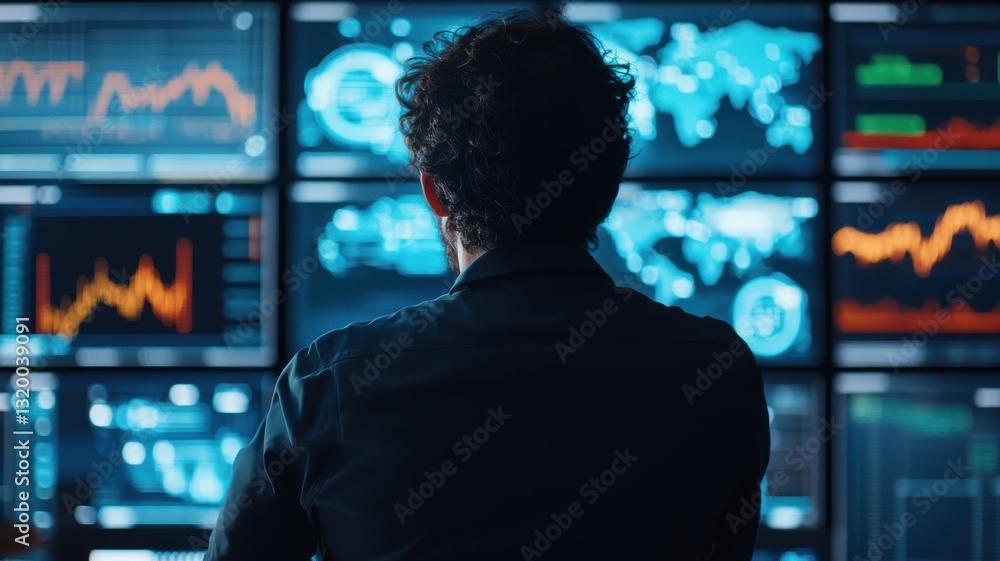 Poster data analysis in a control room tech lab digital screens modern office back view business insights