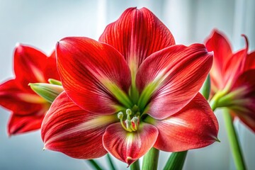 Fototapeta premium Red Amaryllis Close Up, Vibrant White Flower Background, Stunning Floral Photography