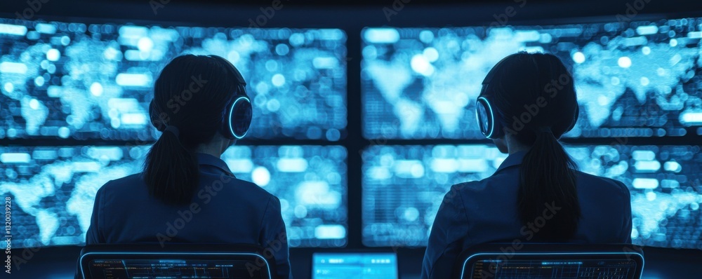 Poster surveillance operators monitor data streams control room digital interface tech environment rear vie