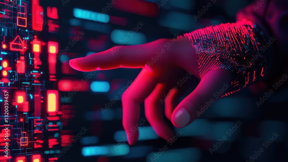 Poster futuristic technology interaction digital environment data visualization cyber space close-up perspe