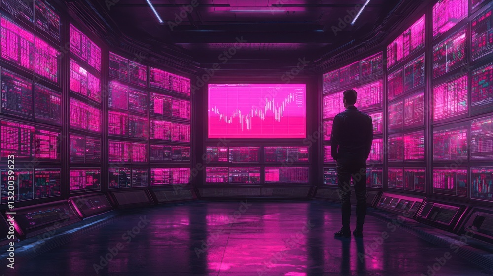 Poster analyzing data trends futuristic data center digital visualization dark environment profile view tec