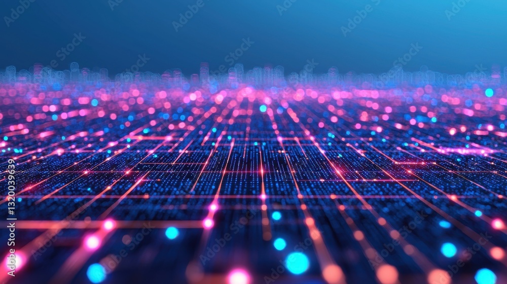 Poster digital data flow virtual environment abstract visualization futuristic city wide angle technology c