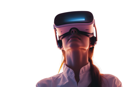 Female doctor wearing a virtual reality headset. Concept of gadgets and technology, isolated on white background