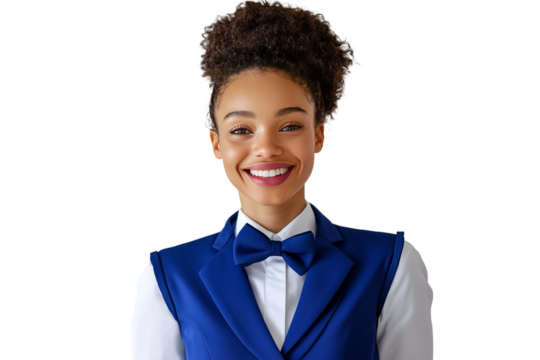 Female waitress wearing a blue suit on a white background