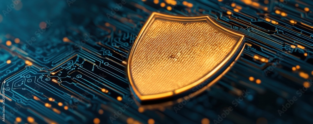 Poster cybersecurity shield protecting data on digital circuit board technology graphic close-up conceptual