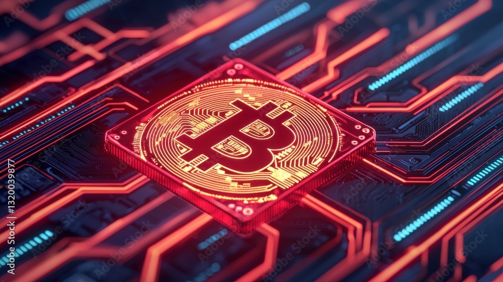 Poster exploring cryptocurrency technology bitcoin circuit board visuals in a digital environment