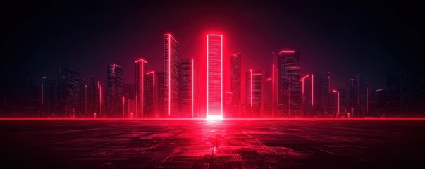 Naklejka premium Futuristic cityscape night display urban environment digital art neon lights high contrast viewpoint innovation