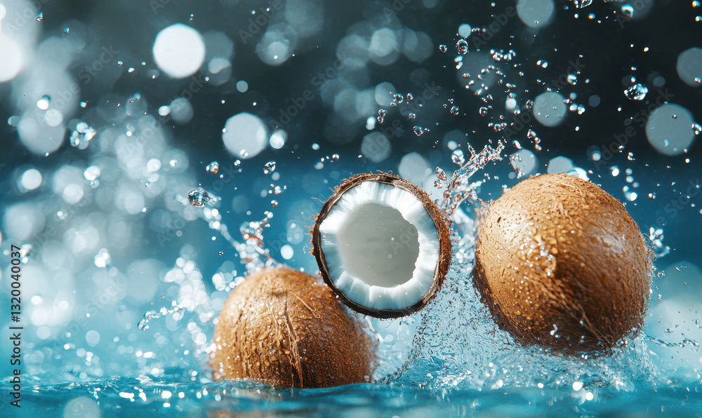 Aufkleber fresh coconut slices splashed in water with shimmering bokeh background