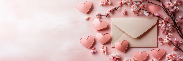 Romantic flat lay with handcrafted paper hearts and vintage love letter envelope on soft pink background for Valentines or anniversary celebration