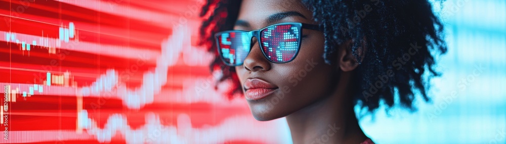 Poster analyzing market trends with data visualization urban setting digital portrait tech environment clos