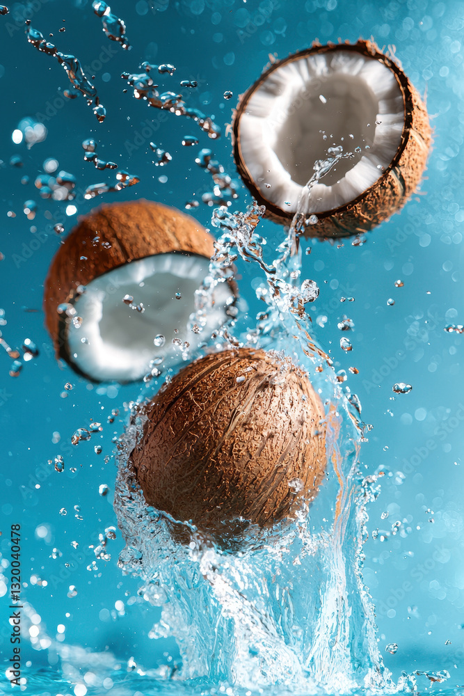 Poster dynamic splash of coconuts breaking open in a refreshing water burst with a vibrant blue background