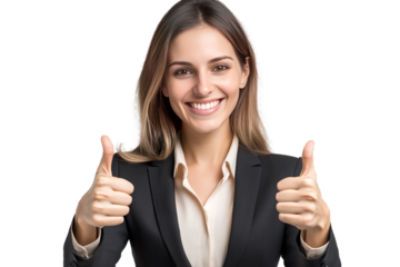 Happy business woman showing thumbs up, smiling nicely, isolated on transparent background