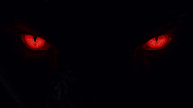 Close-Up of a Sinister Monster Opening Glowing Red Eyes on Black Background