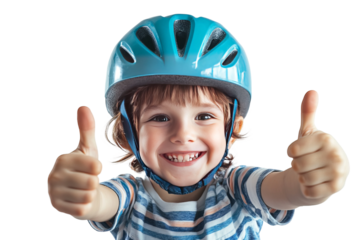 Happy little child with helmet and showing thumbs up, isolated on white background