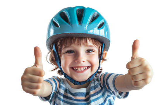 Happy little child with helmet and showing thumbs up, isolated on white background