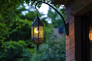 Elegant lantern with a crescent moon design hangs from a porch against lush greenery