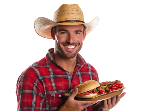 Happy man wearing a cowboy hat and holding food, isolated on white background