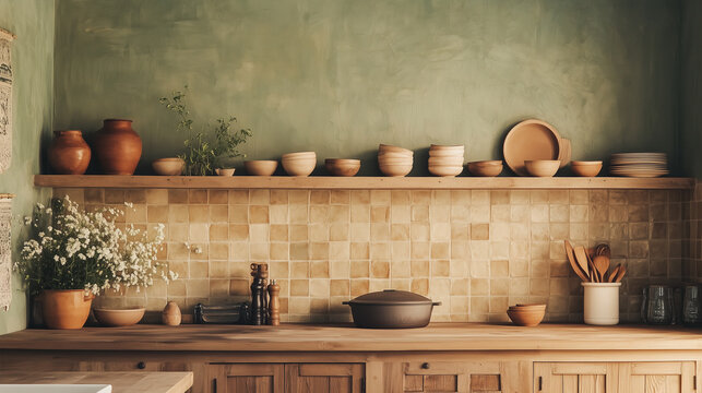 A warm, earthy kitchen with terracotta tiles, wooden shelves, and handmade pottery displayed on a muted sage green background.