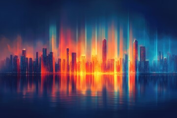 Vibrant cityscape glows with warm and cool light reflections on a calm waterfront