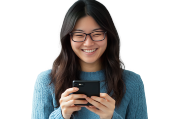young woman texting on mobile isolated on transparent background