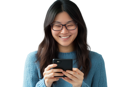 young woman texting on mobile isolated on transparent background