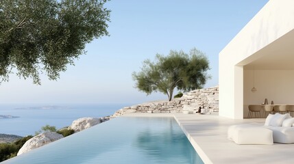 Fototapeta premium Serene Poolside: A luxurious modern villa with an infinity pool overlooking the sea. Perfect for travel, vacation, and relaxation.
