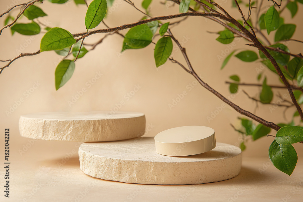 Poster minimalist product display with stone platforms and natural foliage on a soft backdrop