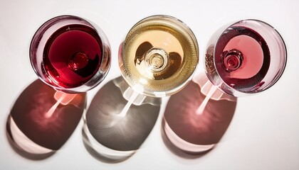 Top-Down View of Glasses Filled with Red, White, and Ros&eacute; Wine