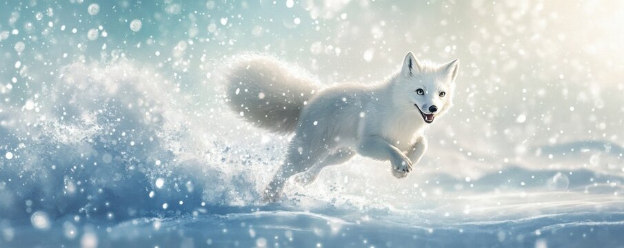 A Beautiful White Fox Running Through Fresh Falling Snow - Powered by Adobe
