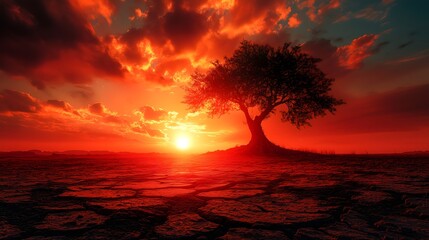 Dramatic sunset over a desert landscape featuring a lone tree and vibrant red sky