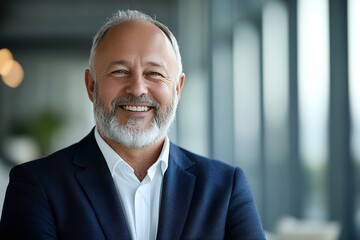 Smiling professional: Confident man in suit with gray hair exudes experience