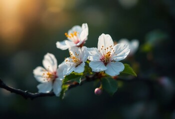 Obraz premium White cherry tree flowers blooming at sunset in springtime