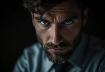 Obraz premium Serious businessman with a menacing stare looking intensely in the shadows