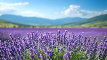 Naklejka premium Lavender field in full bloom under clear blue sky with distant mountains on a sunny day