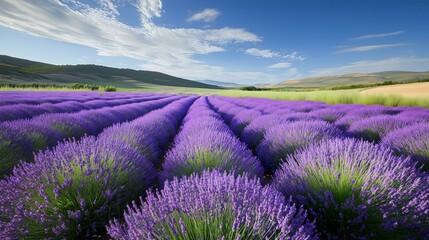 Fototapeta premium Lavender fields in full bloom under a clear sky, showcasing vibrant colors and scenic beauty in nature