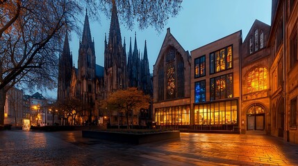 Fototapeta premium Gothic Cathedral and Modern Building at Dusk