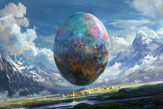 A giant egg with colorful patterns floats above a landscape with snowy mountains