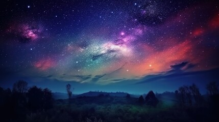 Naklejka premium Spectacular display of stars vibrant cosmos and nebulous clouds over a landscape