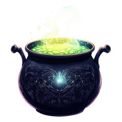 A beautifully designed black cauldron, transparent background, PNG