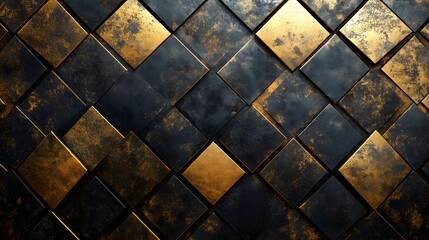 Naklejka premium Geometric pattern featuring repeating diamonds in black and gold on a textured surface