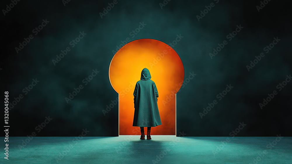 Poster mysterious figure in cloak stands before large keyhole, illuminated by orange glow. atmosphere is in