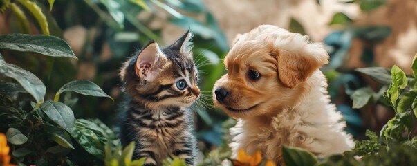 A young kitten and puppy staring at each other in foliage