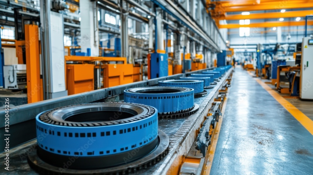 Poster automated production line in modern factory with circular components and industrial machinery in bac