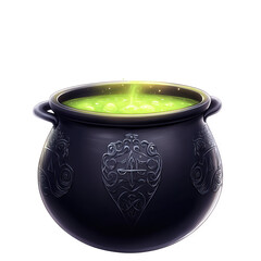 A beautifully designed black cauldron, transparent background, PNG